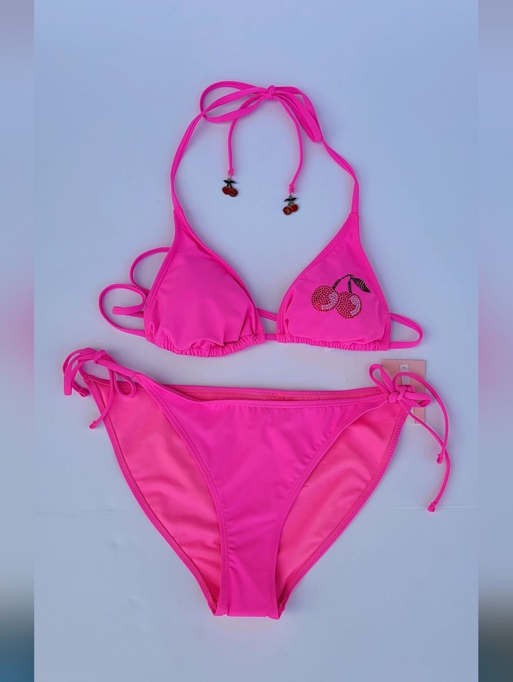 NWT Juicy Couture hot pink bikini set with rhinestone logo and cherry details 🍒